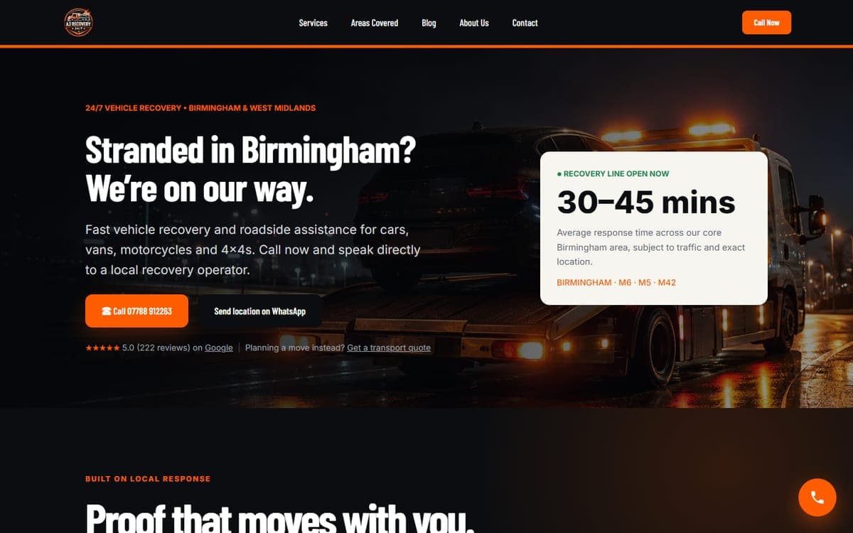 AJ Car Recovery website