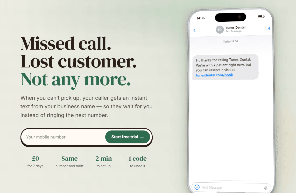 TextTheCaller website, designed and built by MW Codes